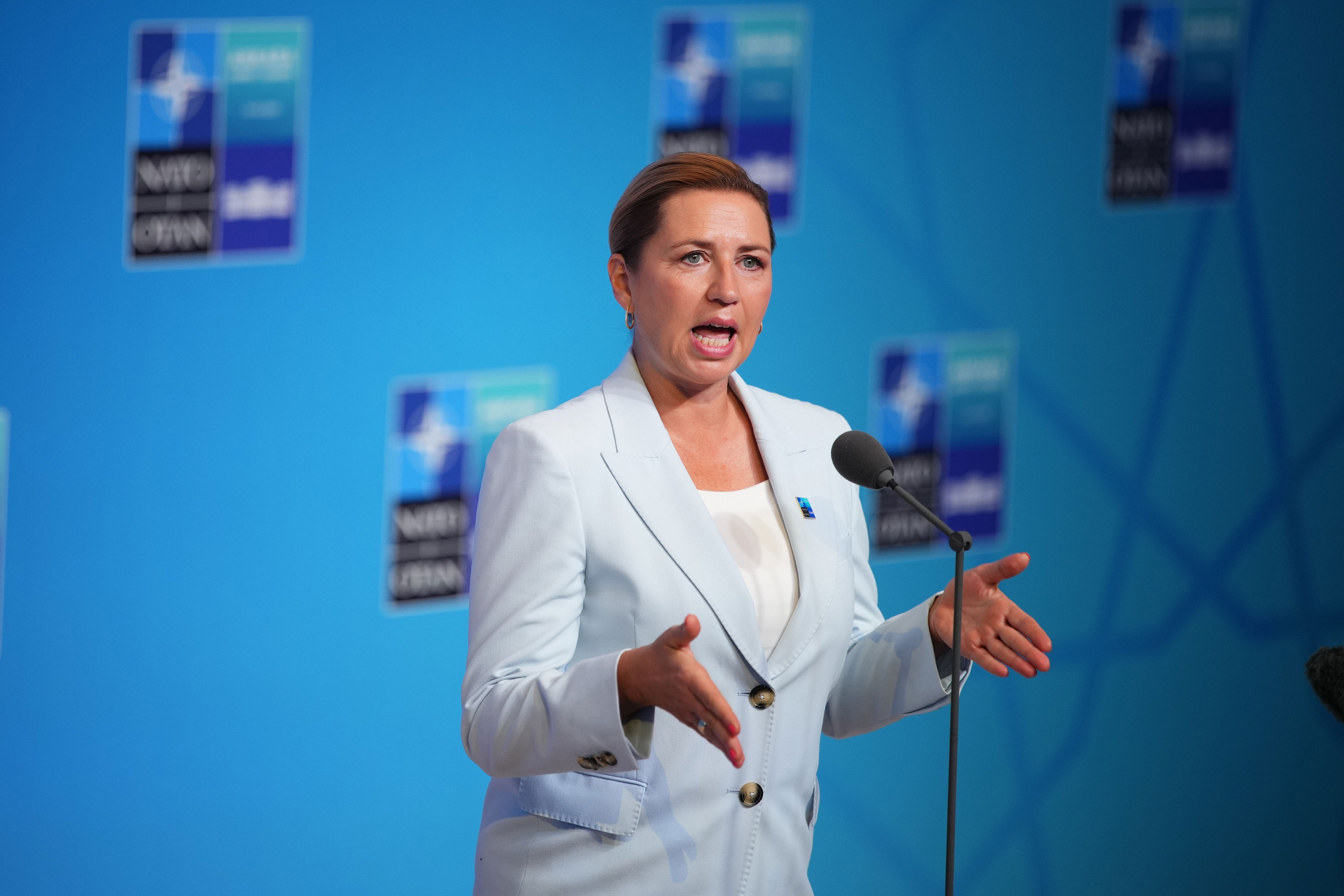 Denmark’s prime minister Mette Frederiksen speaks as she arrives for the Nato summit in Ankara, Turkey, on Wednesday (AP)