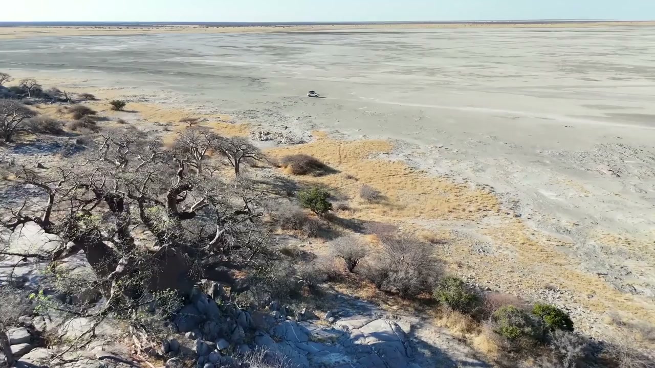 Makgadikgadi Pans, Botswana: Drone glides over salt flats