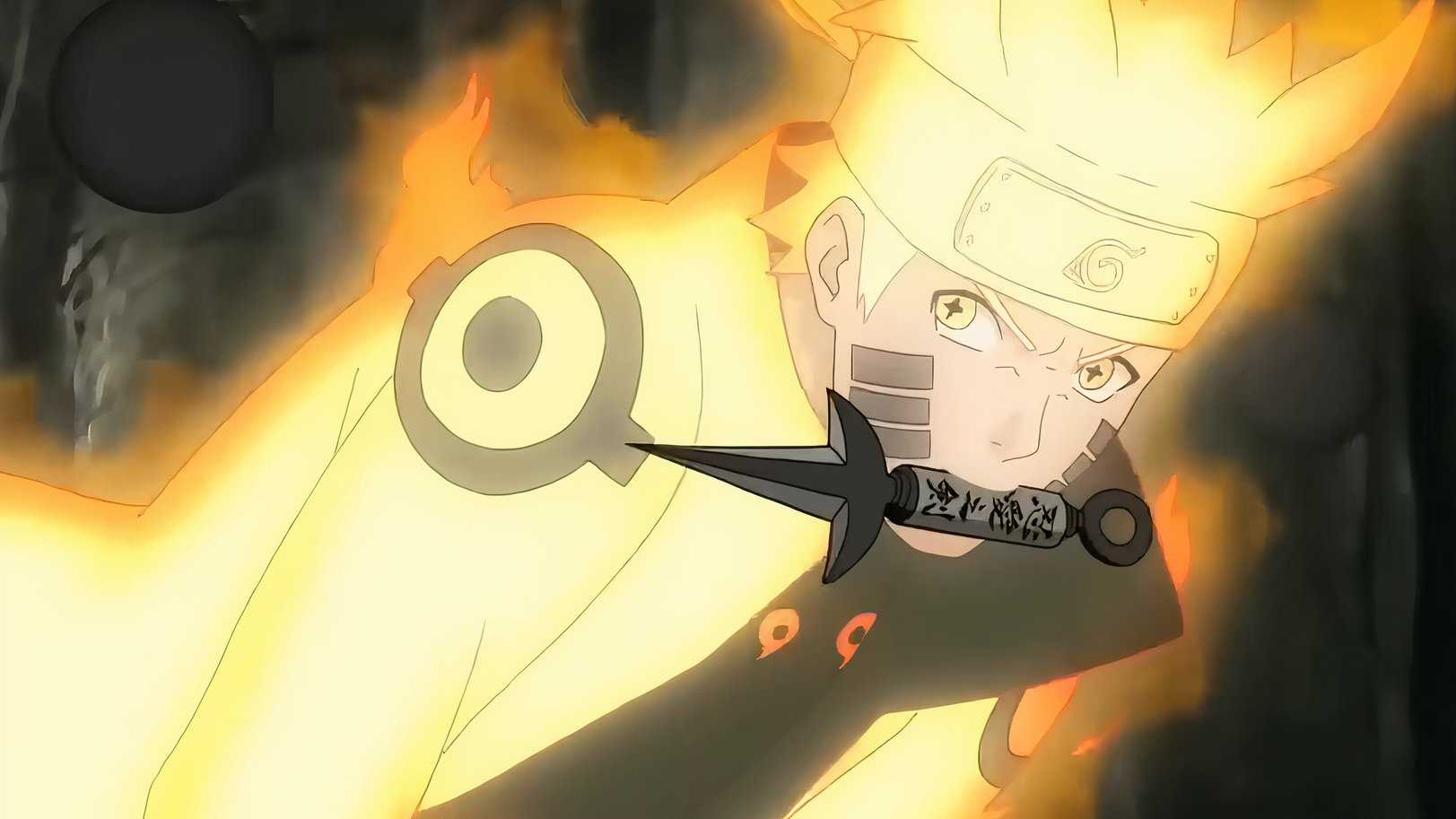 Naruto with a kunai in his mouth in his Six Paths Sage Mode Form