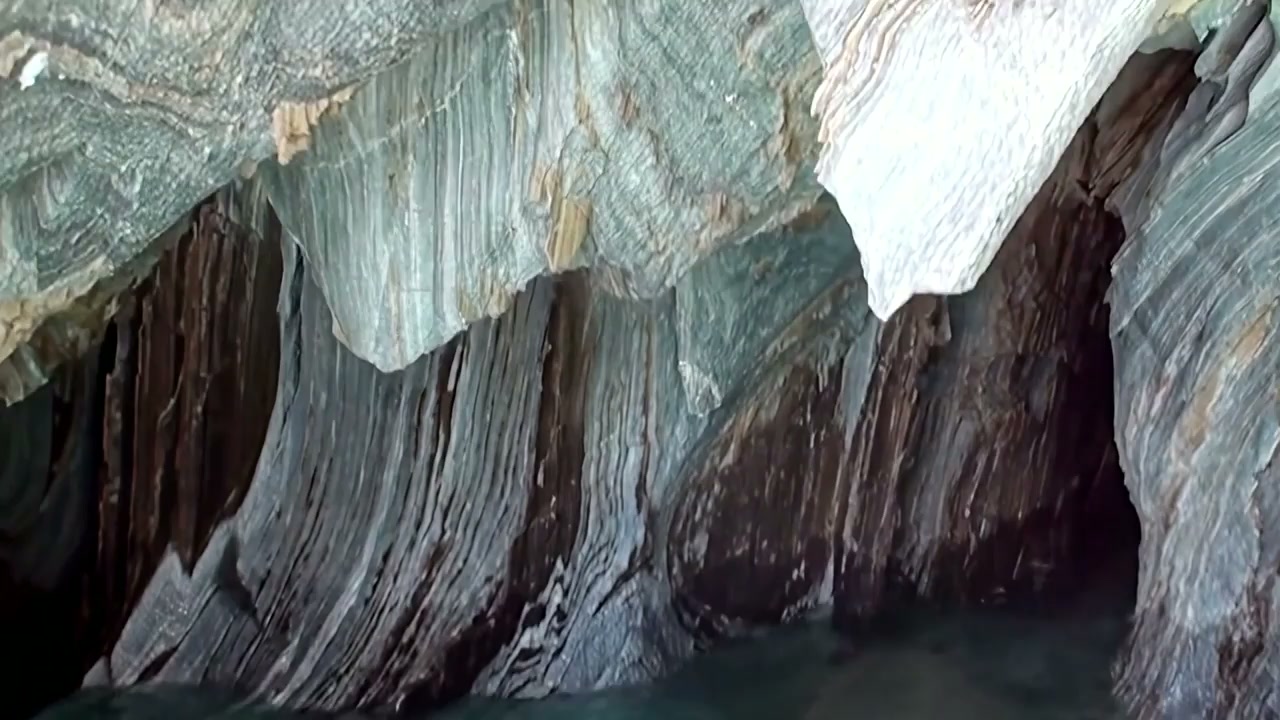 Marble caves, Chile: Drone flies over turquoise caverns