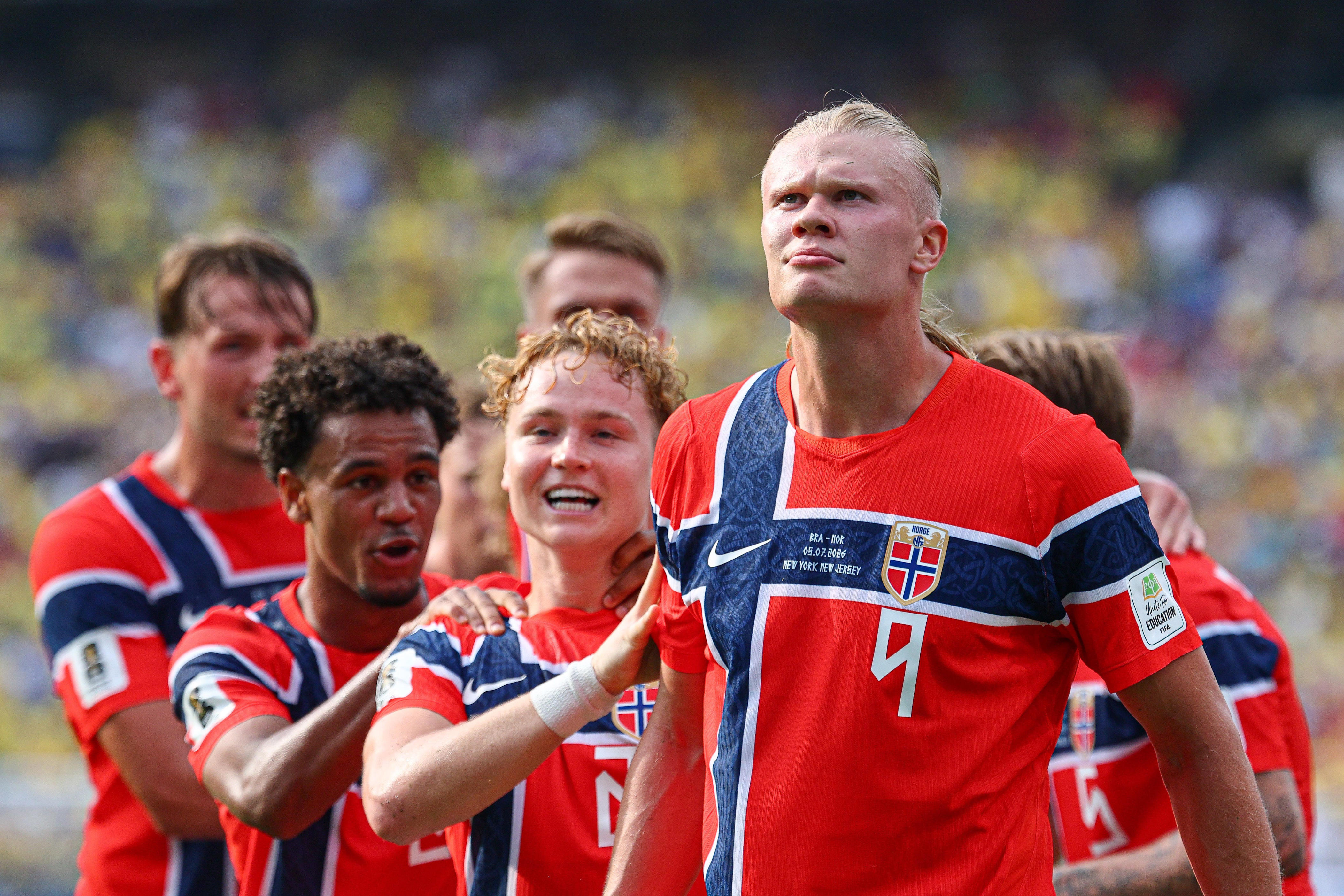 Jul 5, 2026; East Rutherford, New Jersey, USA; Norway forward Erling Haaland (9) celebrates his first goal the match with teammates during a Round of 16 match of the 2026 FIFA World Cup at New York New Jersey Stadium. Mandatory Credit: Vincent Carchietta-Imagn Images