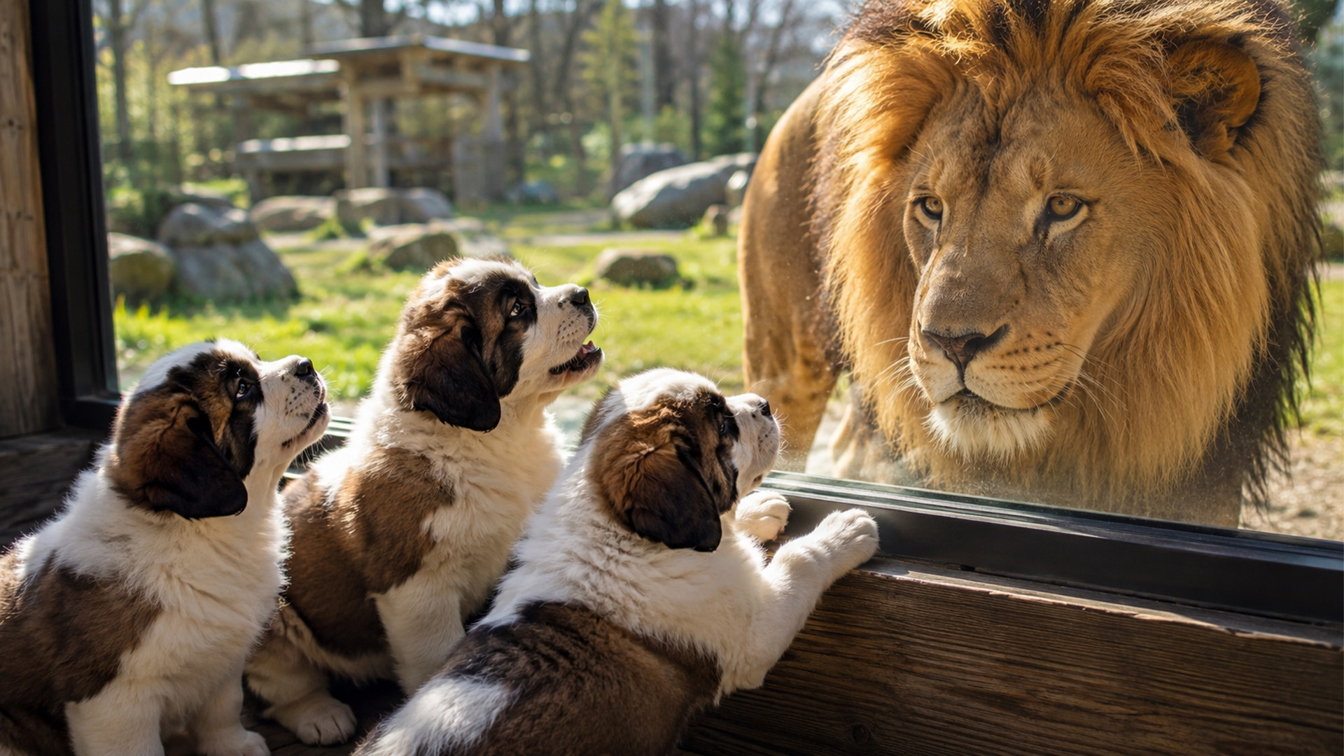 Tiny rescue puppies come face to face with lion