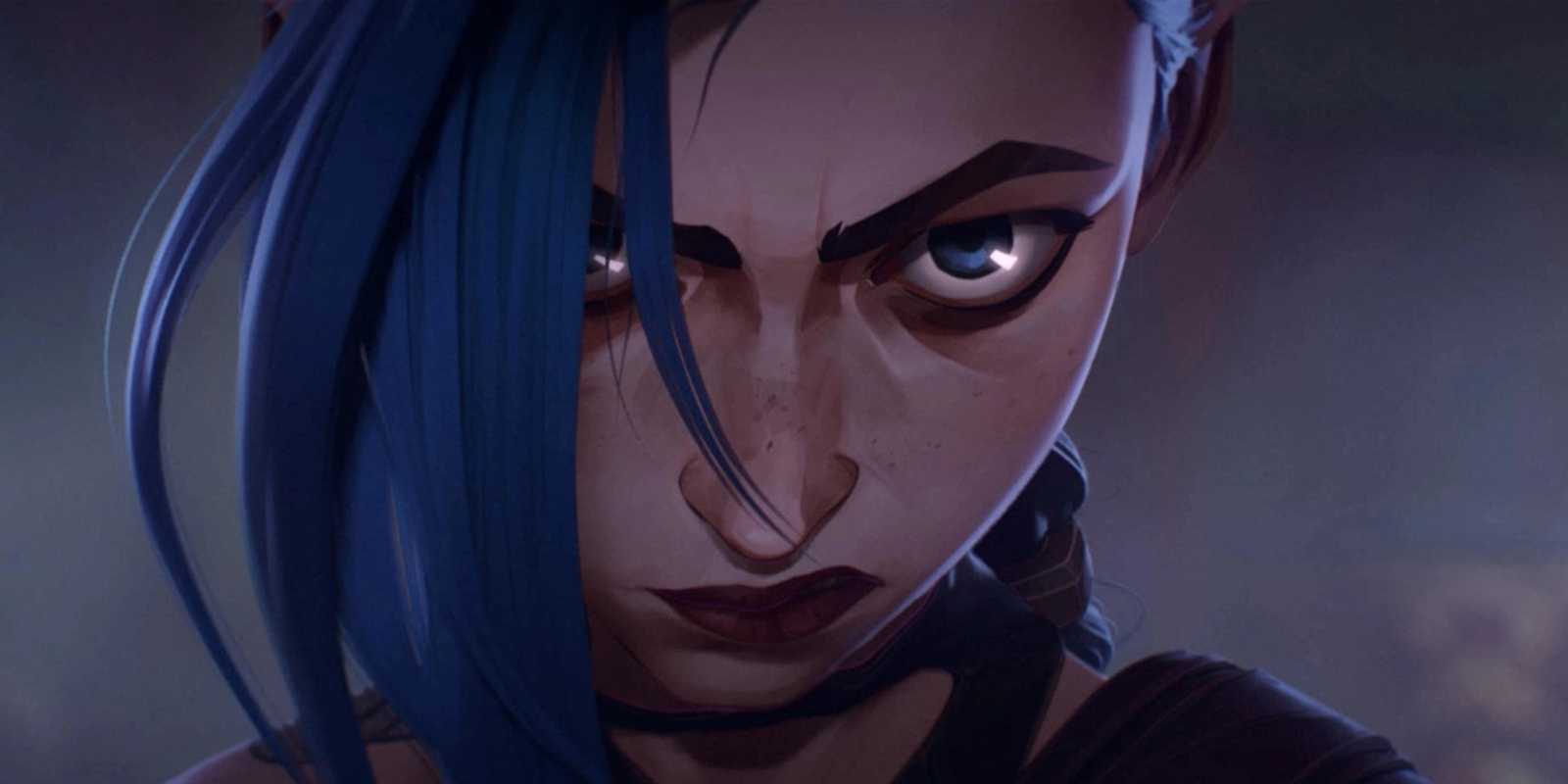 Jinx is glowering in a close-up shot in Arcane.