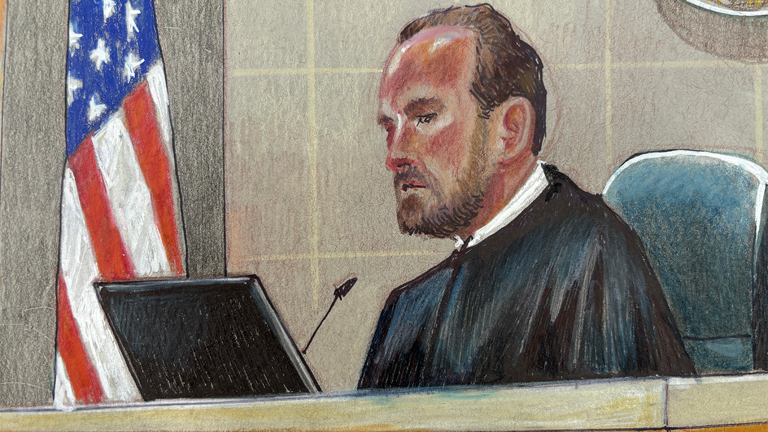 Judge John Roach is depicted in a courtroom sketch during the Karmelo Anthony murder trial. Fox News