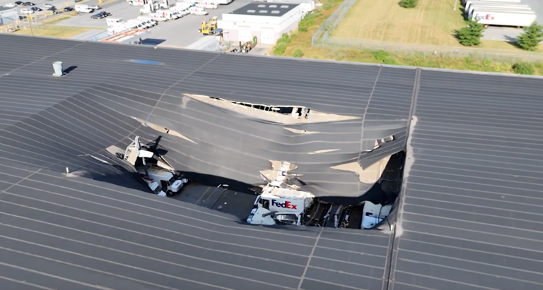 Drone video: FedEx roof caves in during severe storms