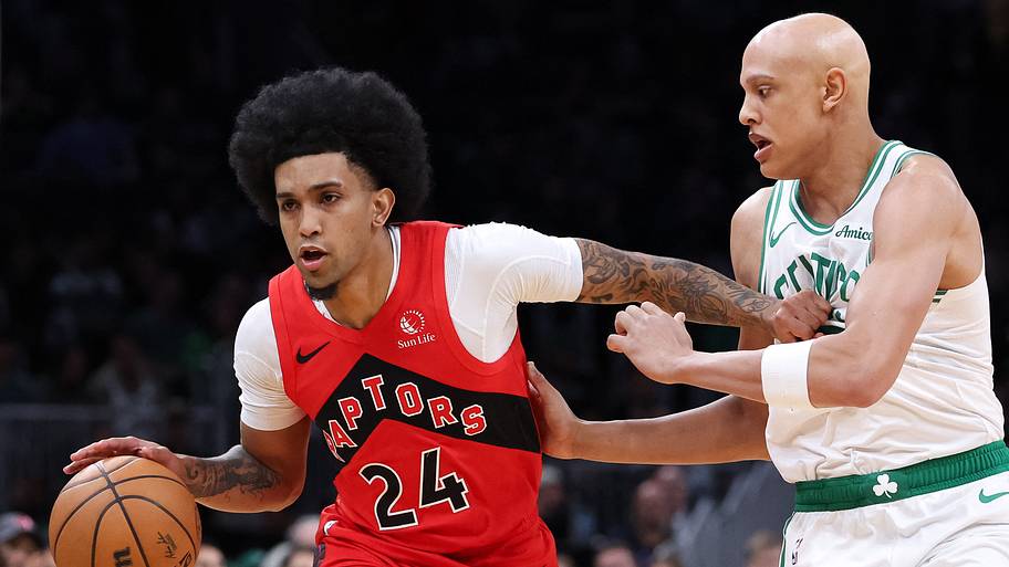 Toronto Raptors guard Chucky Hepburn dribbles down the court defended by Boston Celtics forward Jordan Walsh