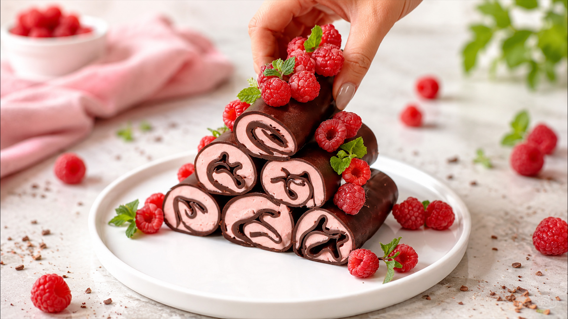 Chocolate raspberry rolls with chocolate coating