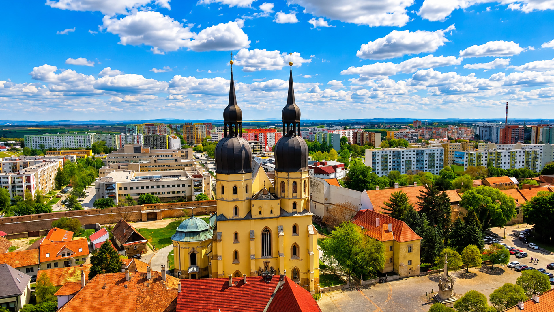 Trnava’s twin tower cathedral rising above red rooftops