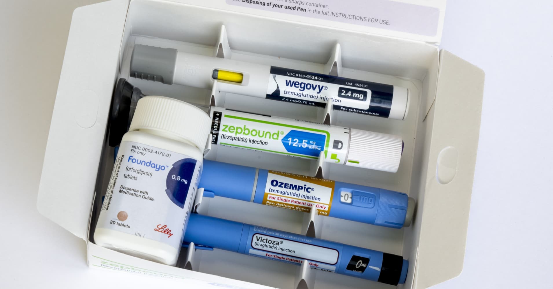 Photo illustration of a group of weight loss medications on a white background.