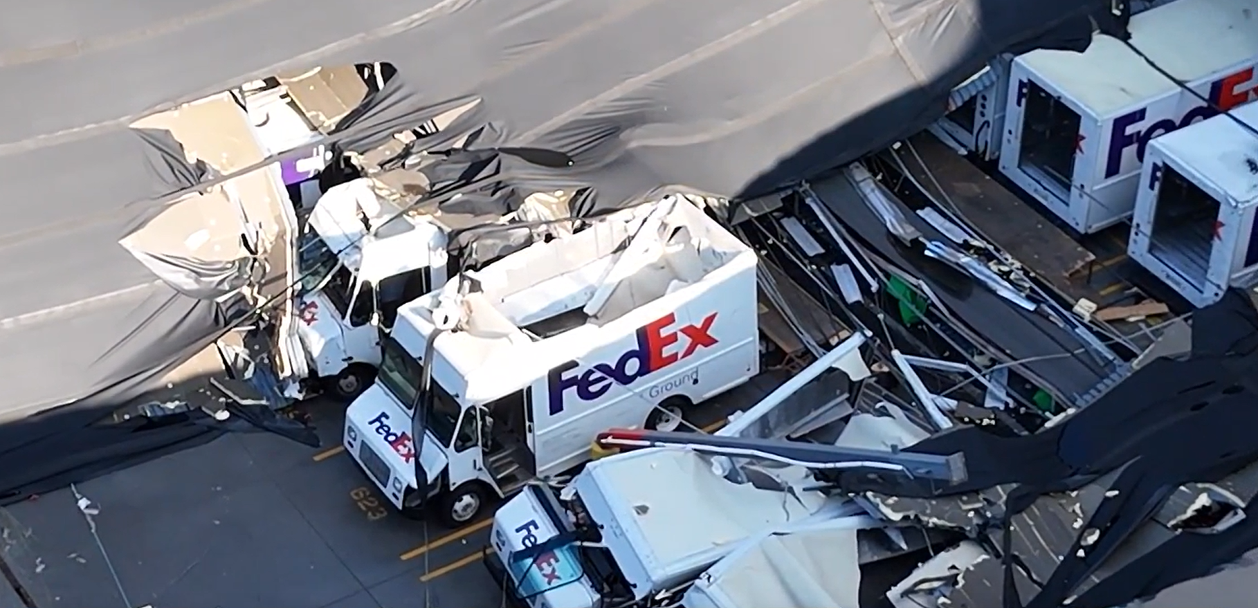 Drone video: FedEx roof caves in during severe storms