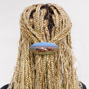 Person with braided hair wears a scenic horse-themed hair clip