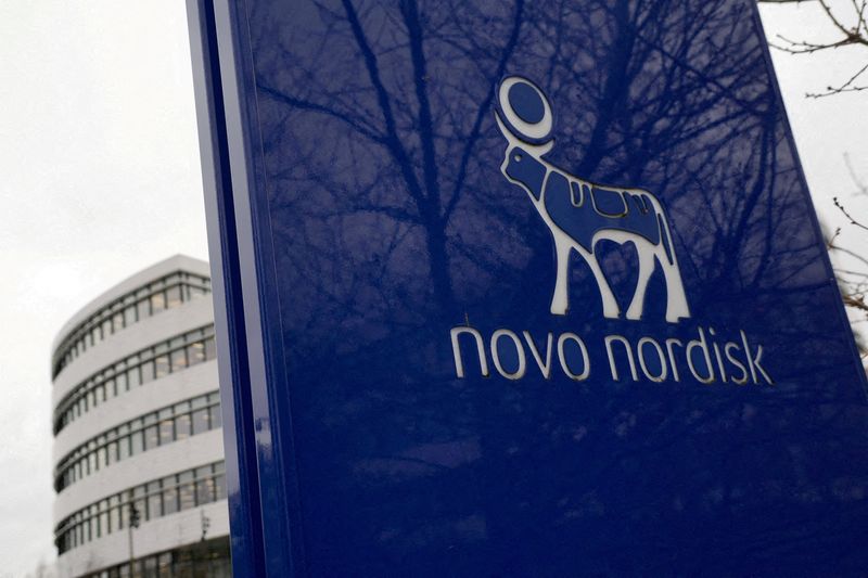 FILE PHOTO: The logo of pharmaceutical company Novo Nordisk is displayed in front of its offices in Bagsvaerd