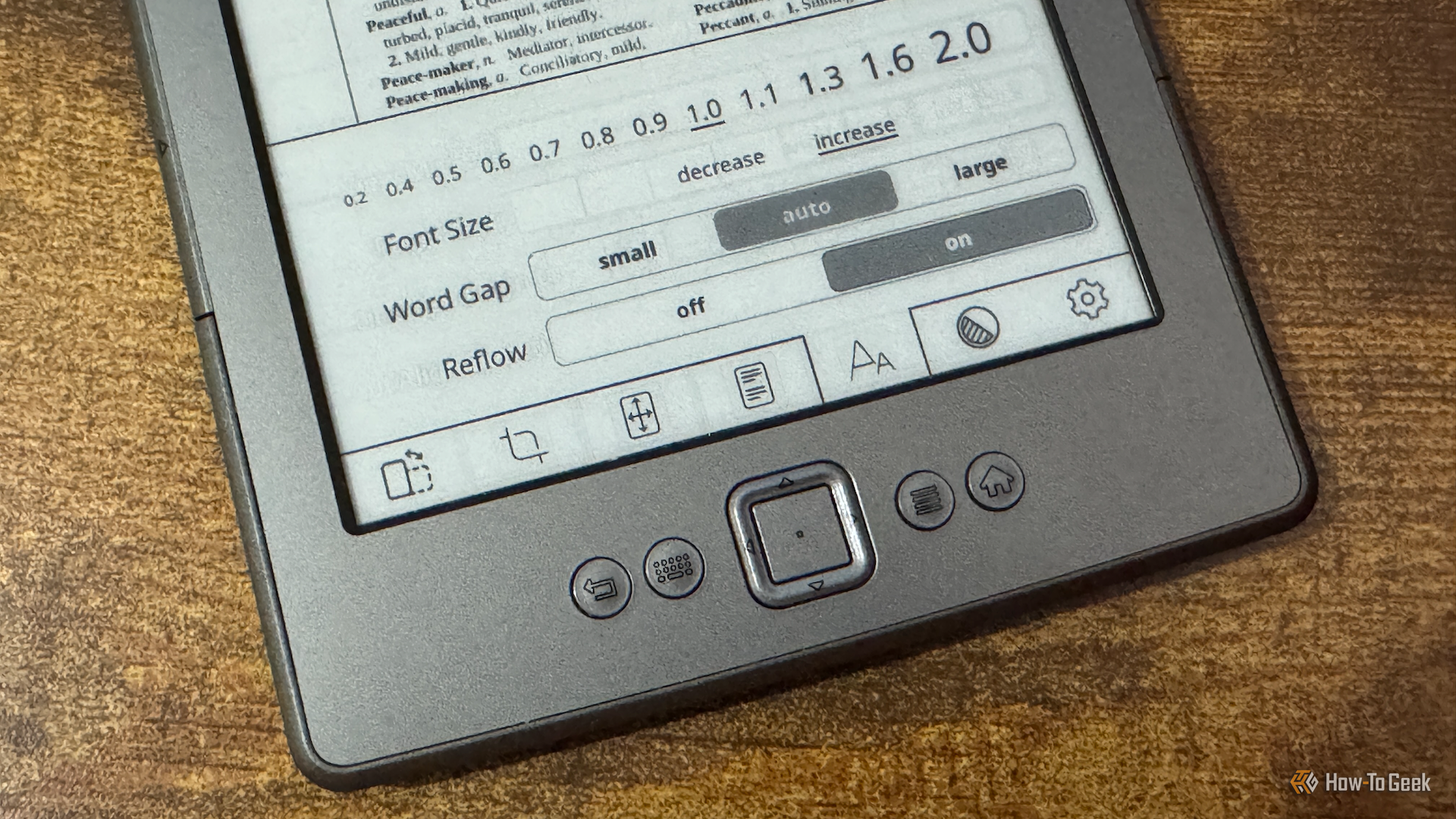 The Reflow setting in KOReader on a Kindle 4.