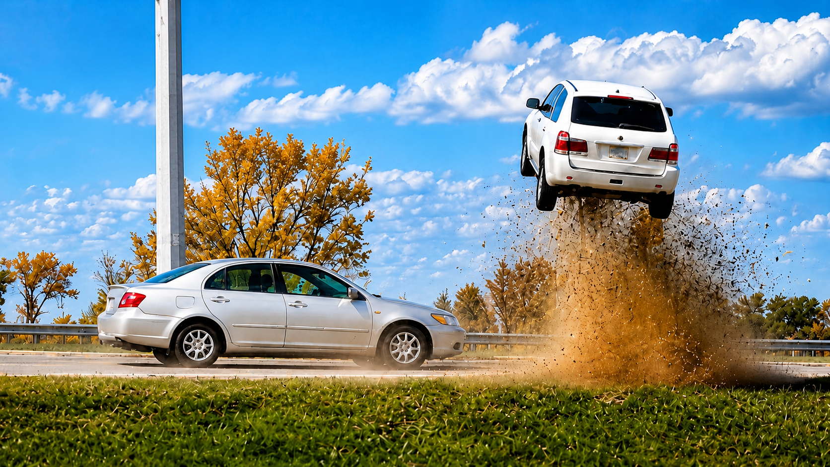 Insane driver launches off road into a field during a police chase