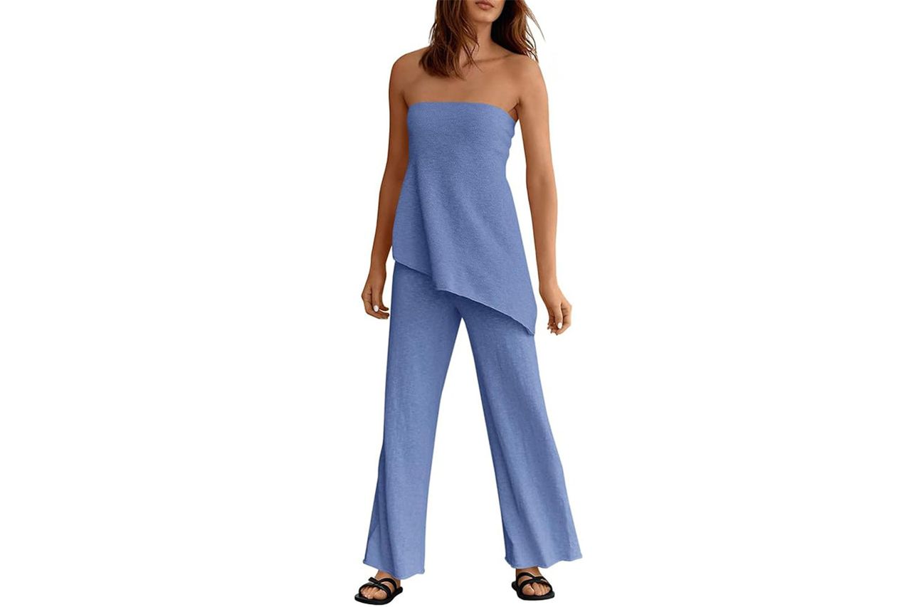 Tankaneo Womens 2 Piece Outfits Asymmetrical Tube Top Wide Leg Pants Knit Vacation Travel 2026 Matching Lounge Sets