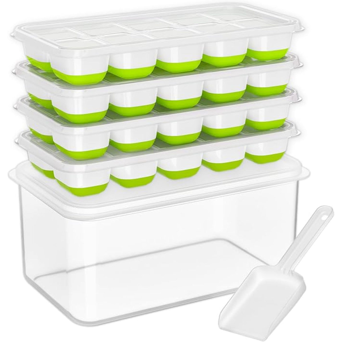 Prep & Savour Ice Cube Tray With Lid and Bin, 4 Pack Silicone Plastic Ice Cubes Trays for Freezer With Box/container, Stackable With Storage Iced Bucket Kits, Scoop, for Soup, Food, Cocktail, Coffee & Reviews | Wayfair