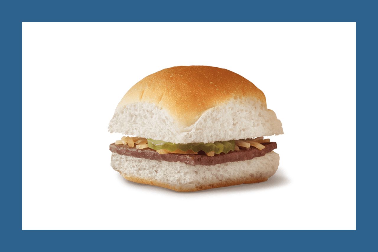 A slider burger consisting of a bun a meat patty and toppings