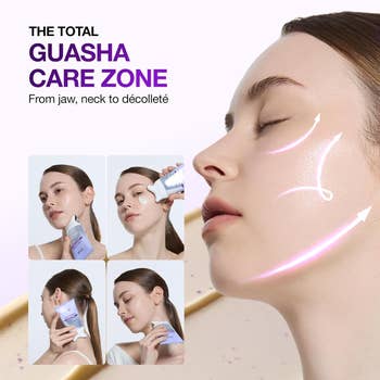Collage of a woman using a guasha tool and serum on her face, labeled