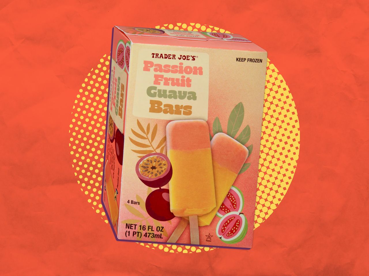 Trader Joe's Passion Fruit Guava Bars on a red and yellow background
