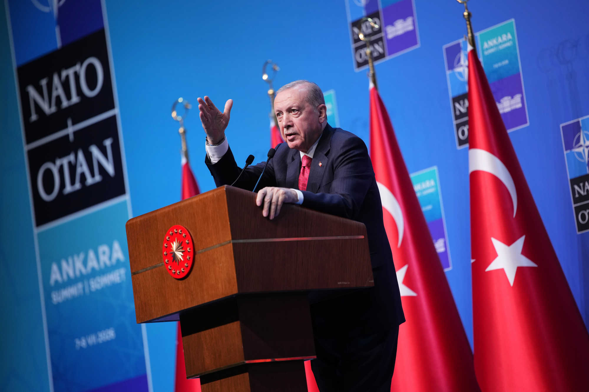 Turkish President Recep Tayyip Erdogan speaks during a media conference at the Nato summit in Ankara on Wednesday. Photo: AP