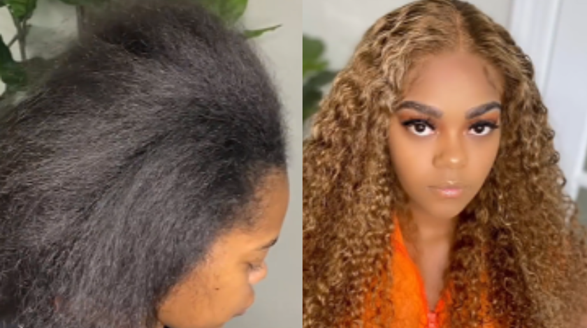Honey blonde wig transformation with a glamorous finish