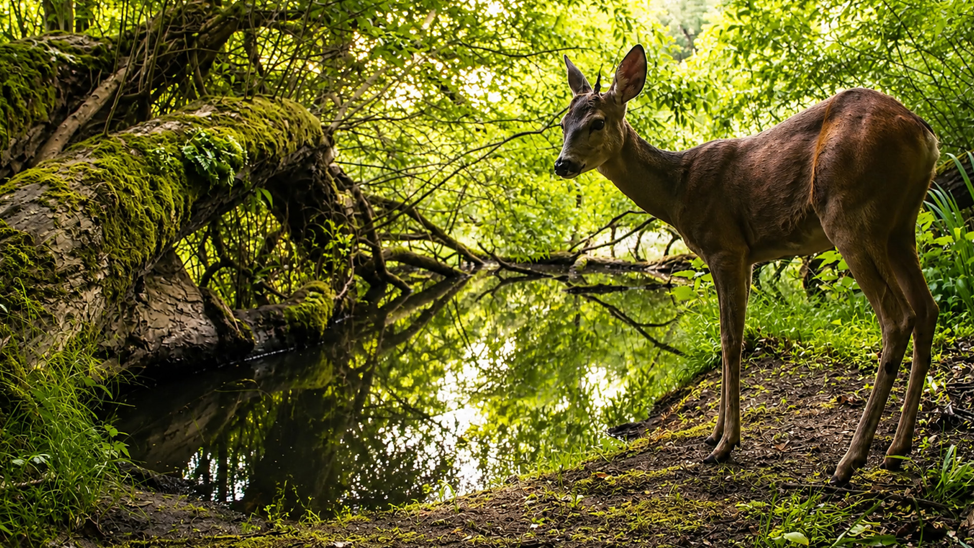 Motion-activated camera captures a deer near a woodland stream