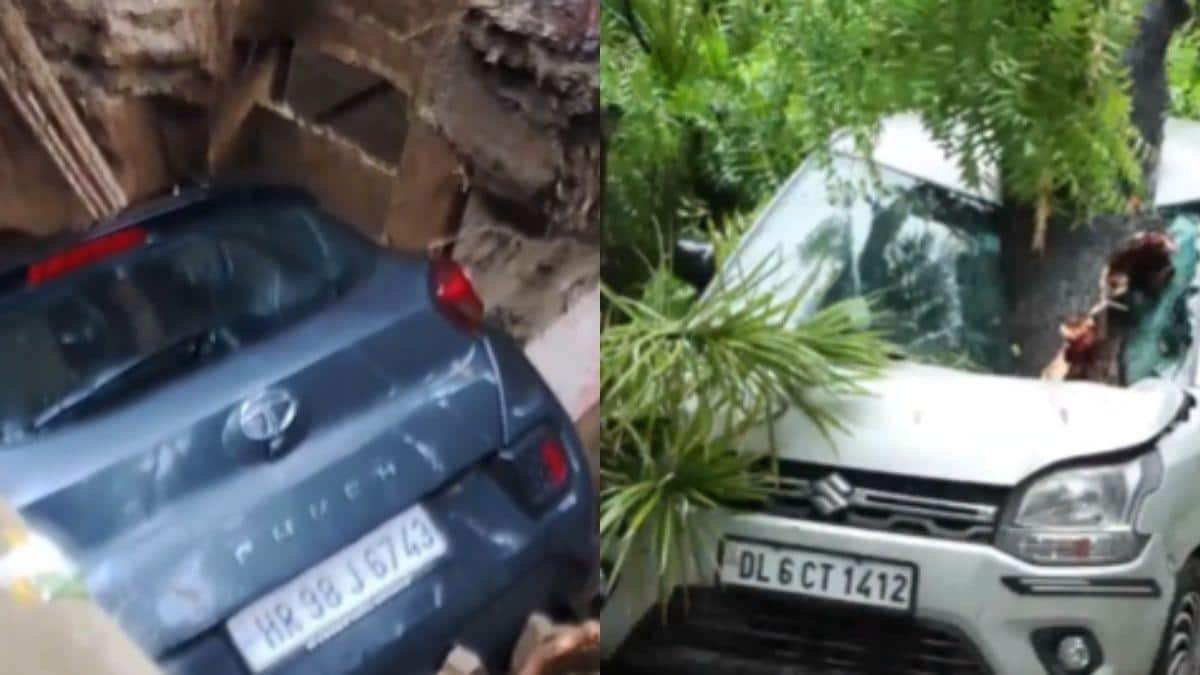 Ghaziabad road collapses due to heavy rain, car and scooter fall into ditch