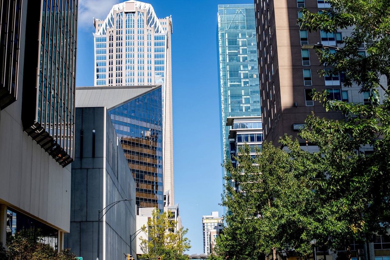 Cityscape view with tall skyscrapers and modern buildings