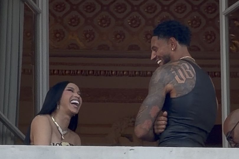 The pair were seen smiling and the rapper appeared to be blushing