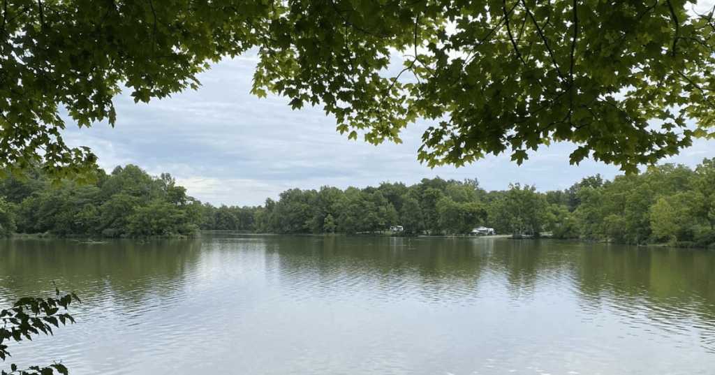 Scenic lake view framed by green tree leaves at Stonelick State Park campground in Ohio.