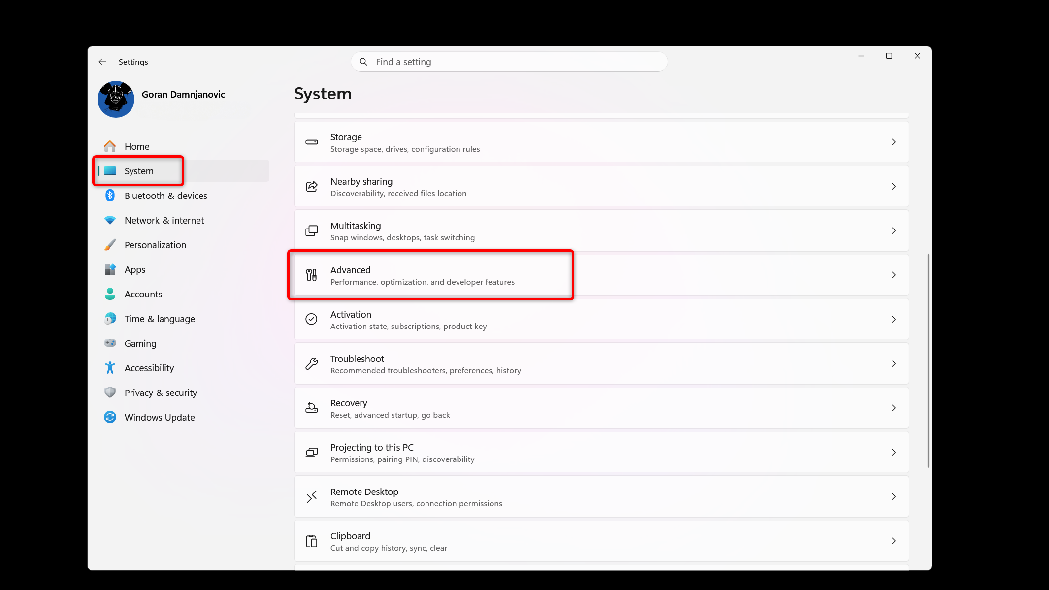 The System tab in Windows Settings.