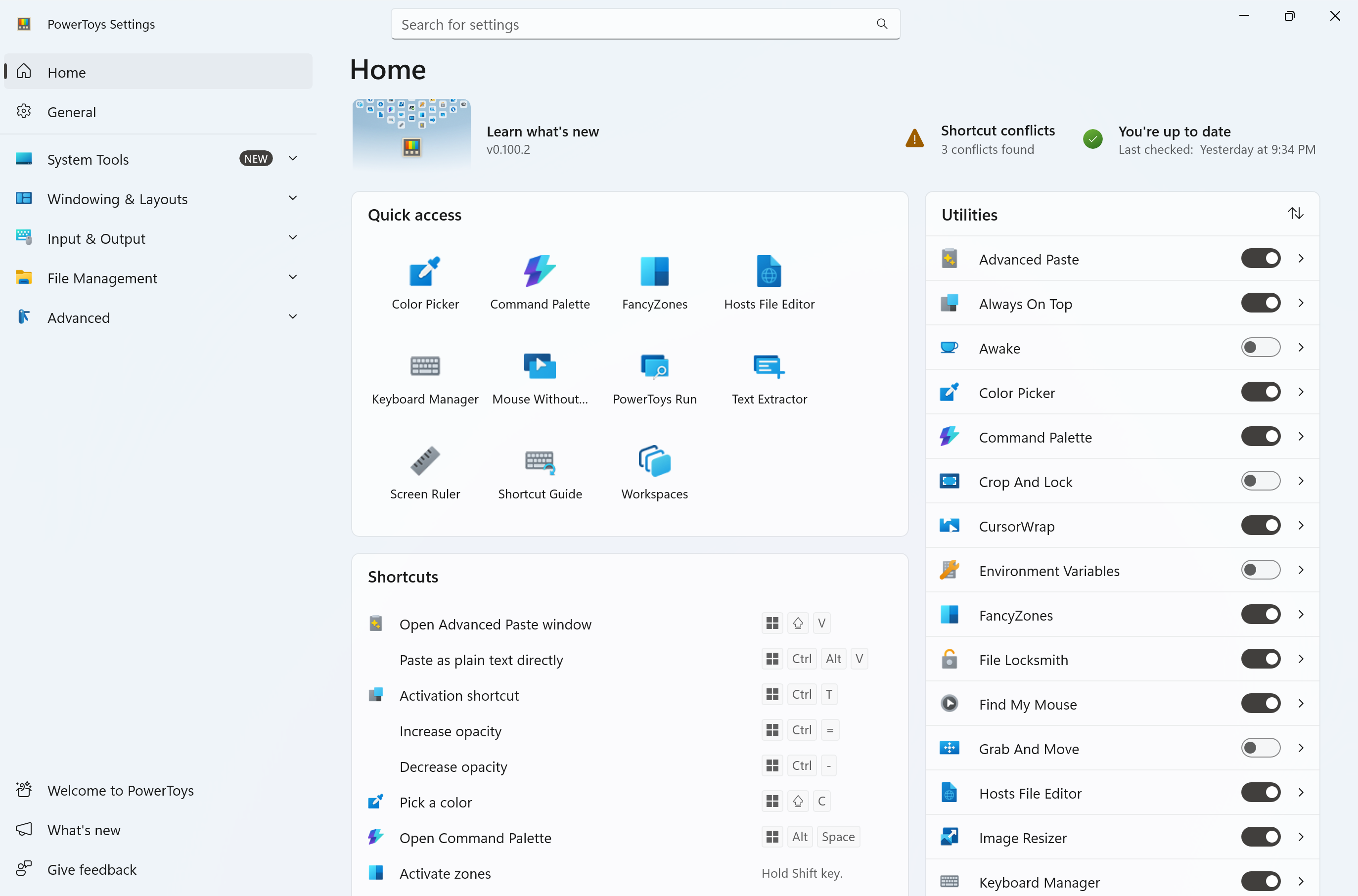 PowerToys Settings Home screen showing Quick access utilities and Utilities list including Advanced Paste, Always On Top, and Awake.