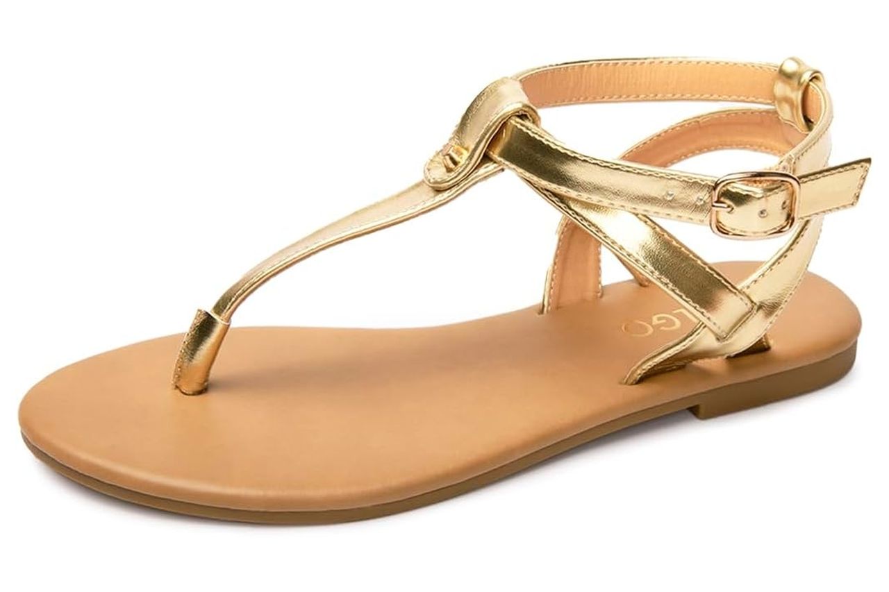 Colgo Thong Flat Sandals, Casual Women T-Strap Dress Sandals with Adjustable Ankle Buckle for Summer Wedding