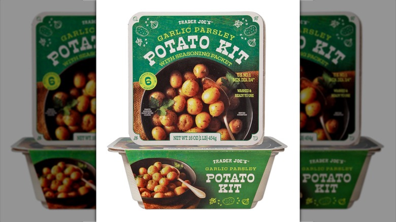 Two Garlic Parsley Potato Kits from Trader Joe's on white background