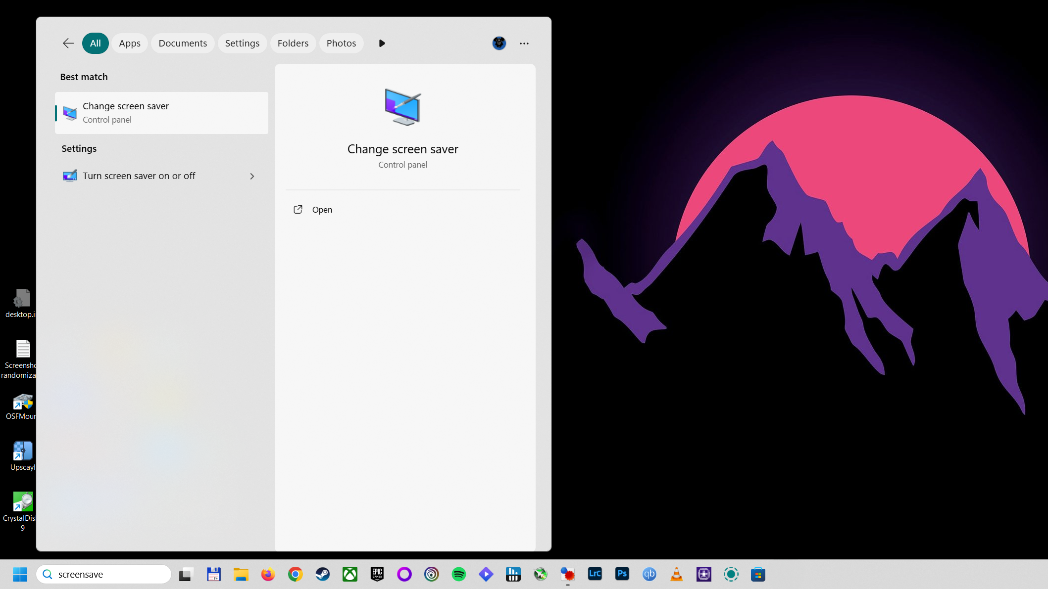 Searching for screensaver settings in Windows Search.