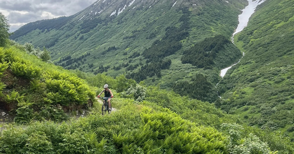 A mountain biker rides a narrow hillside trail on Devil's Creek Trail in Alaska, overlooking a vibrant green valley with steep mountains and patches of lingering snow.
