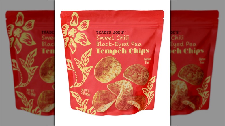 Red bag of Trader Joe's Sweet Chili Black-Eyed Pea Tempeh Chips on white background
