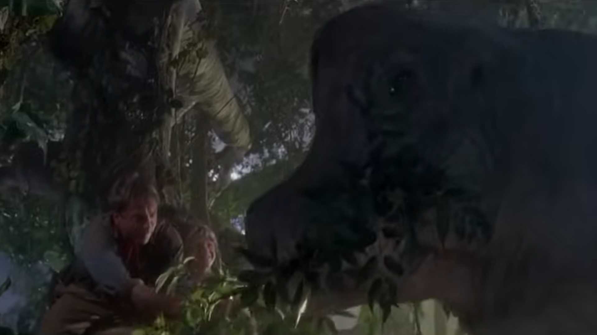 Grant wrestling with a brachiosaurus in a tree in Jurassic Park