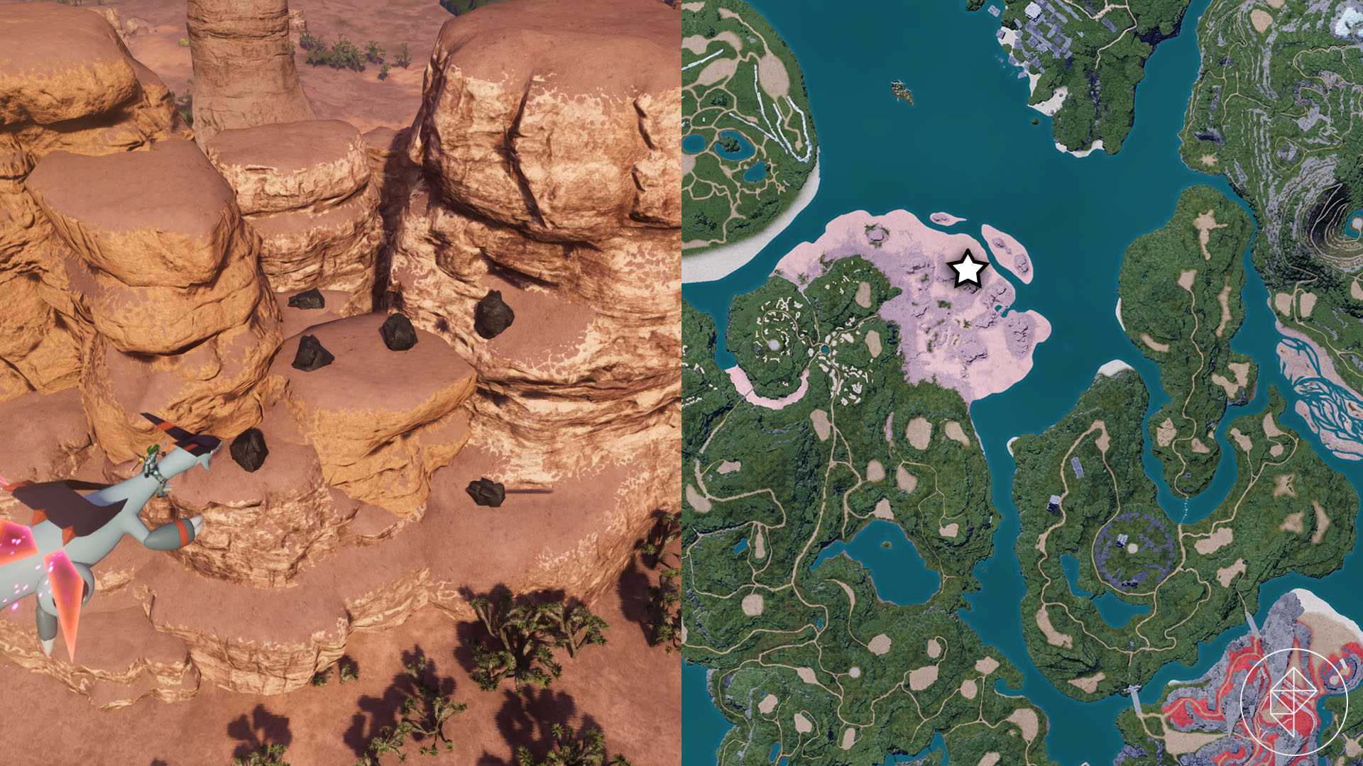 A montage with two Palworld images showing a coal farming spot in the Twilight Dunes