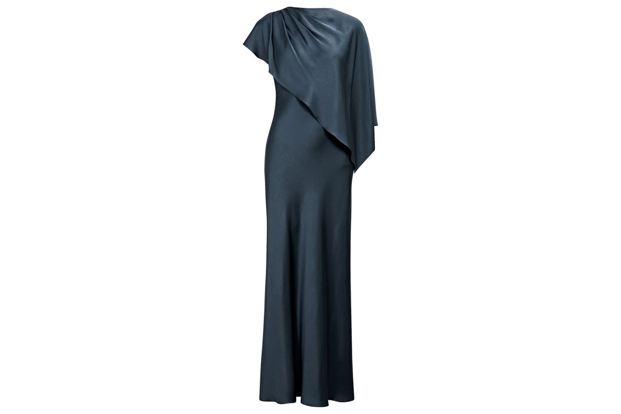 Zinnia Pleated Satin Cape Maxi Gown Ever New