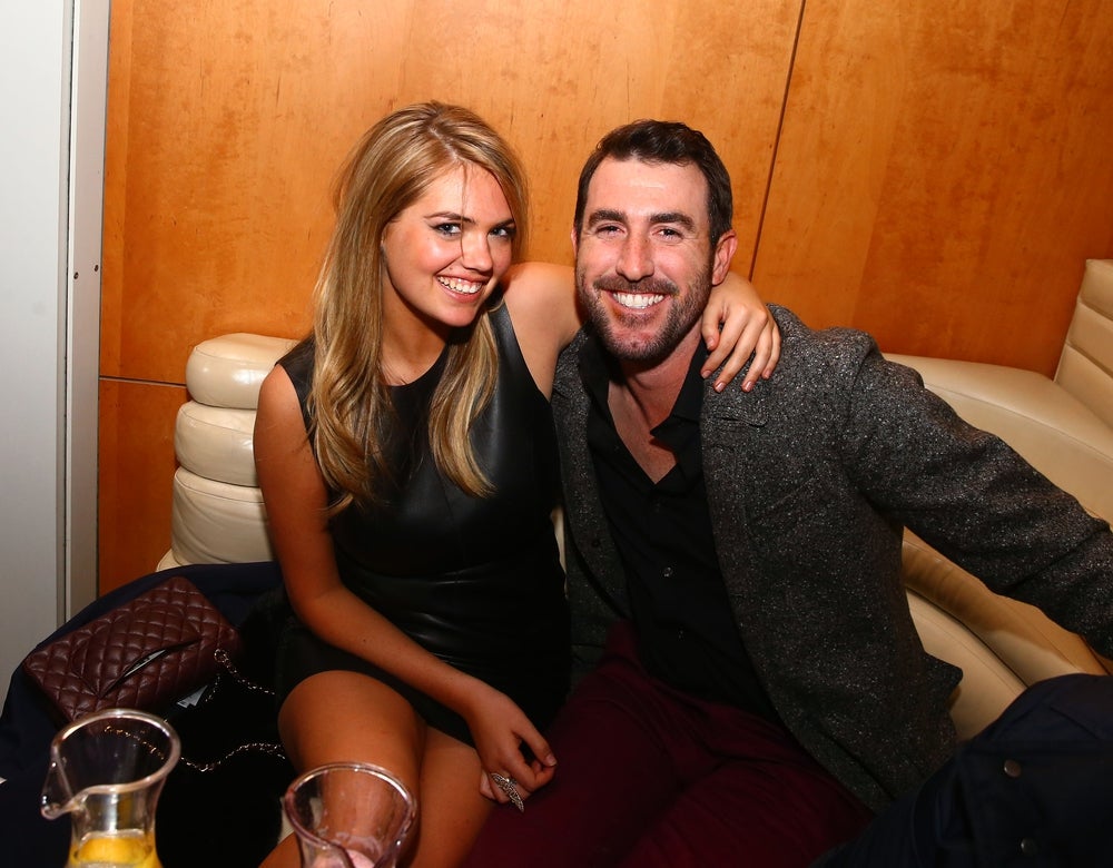 Jan 31, 2014; New York, NY, USA; Kate Upton (left) with Justin Verlander at the GQ Party in the Boom Boom Room at The Standard Hotel. Mandatory Credit: Mark J. Rebilas-Imagn Images