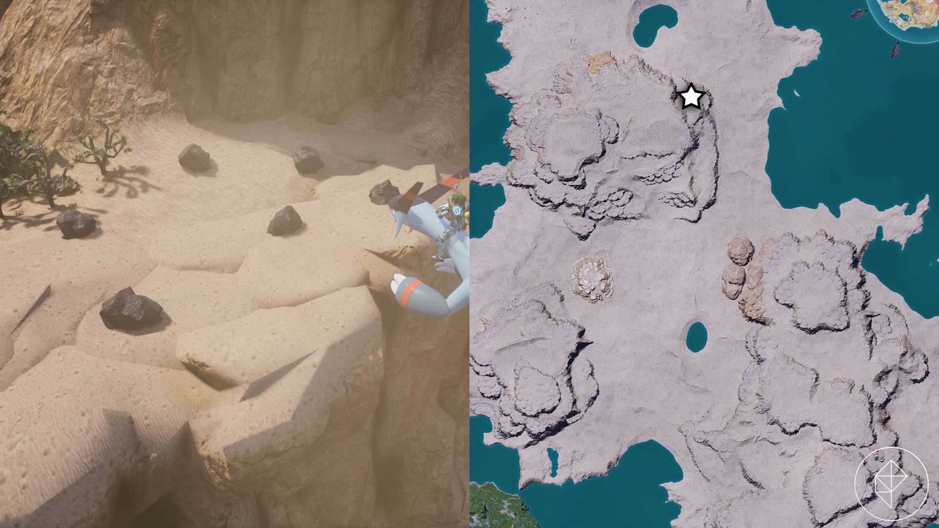 A montage with two Palworld screenshots showing where players can find coal nodes