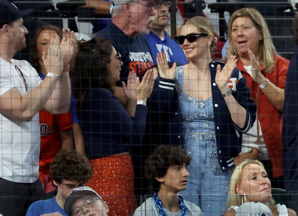 Oct 20, 2023; Arlington, Texas, USA; Kate Upton, the wife of Houston Astros pitcher Justin Verlander (35), during the third inning of game five in the ALCS against the Texas Rangers for the 2023 MLB playoffs at Globe Life Field. Mandatory Credit: Kevin Jairaj-Imagn Images