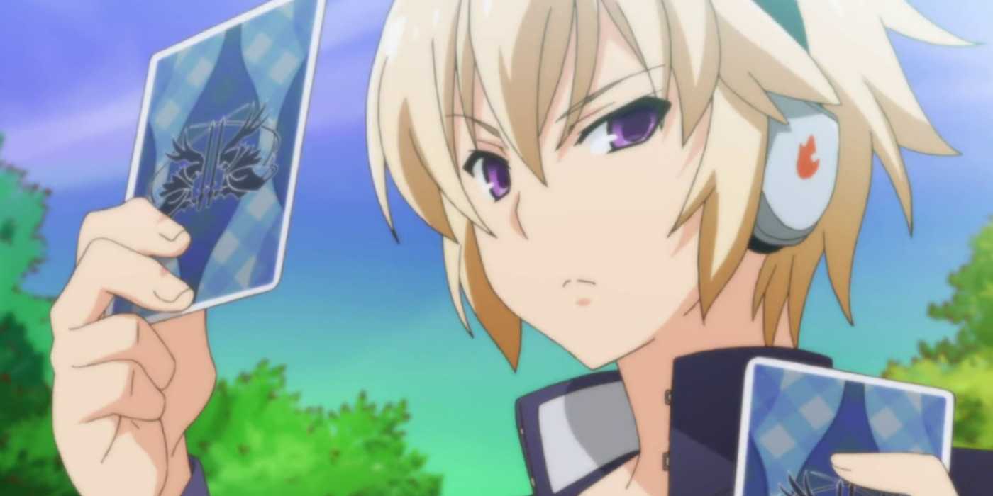 Izayoi, the protagonist from Problem Children Are Coming From Another World, is holding a special magic card.
