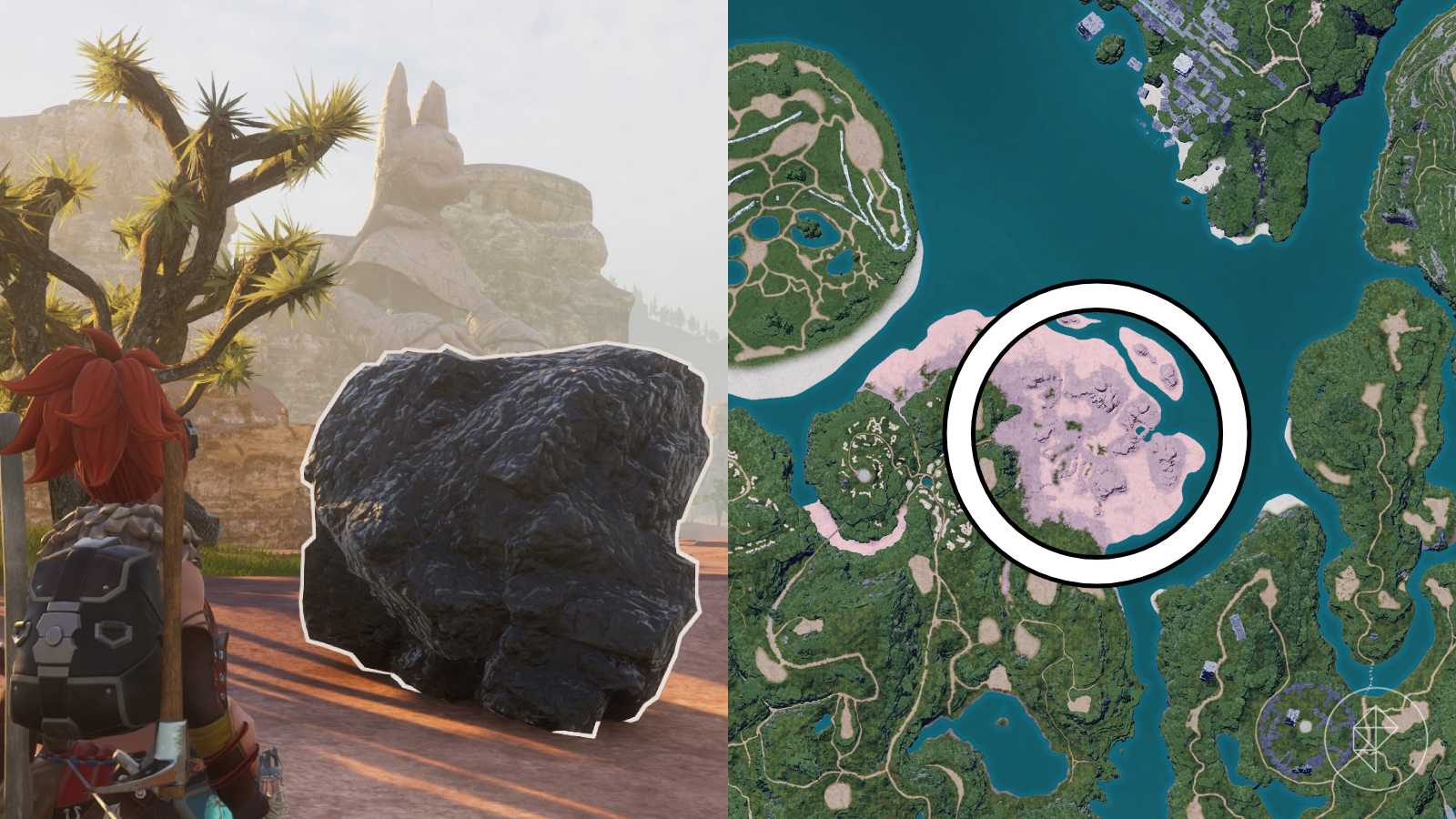 Coal location circled on the map of Palworld.