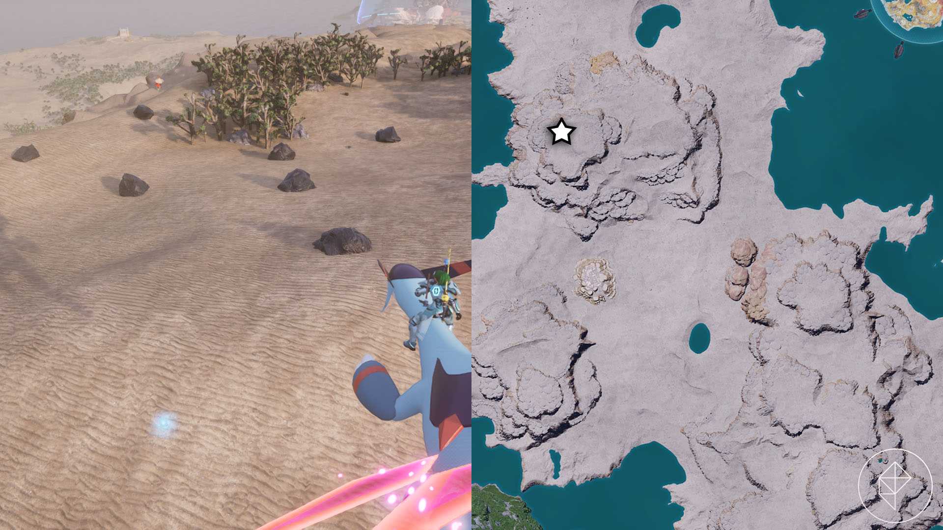 A montage with two Palworld screenshots showing where players can find coal nodes