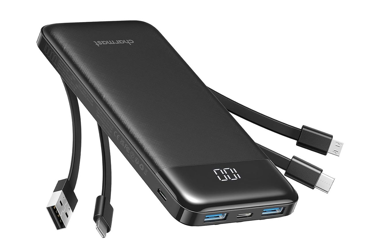 charmast 10000mAh Portable Charger,Built-in 4 Cables,6 Outputs/3 Inputs,3A Fast Charging