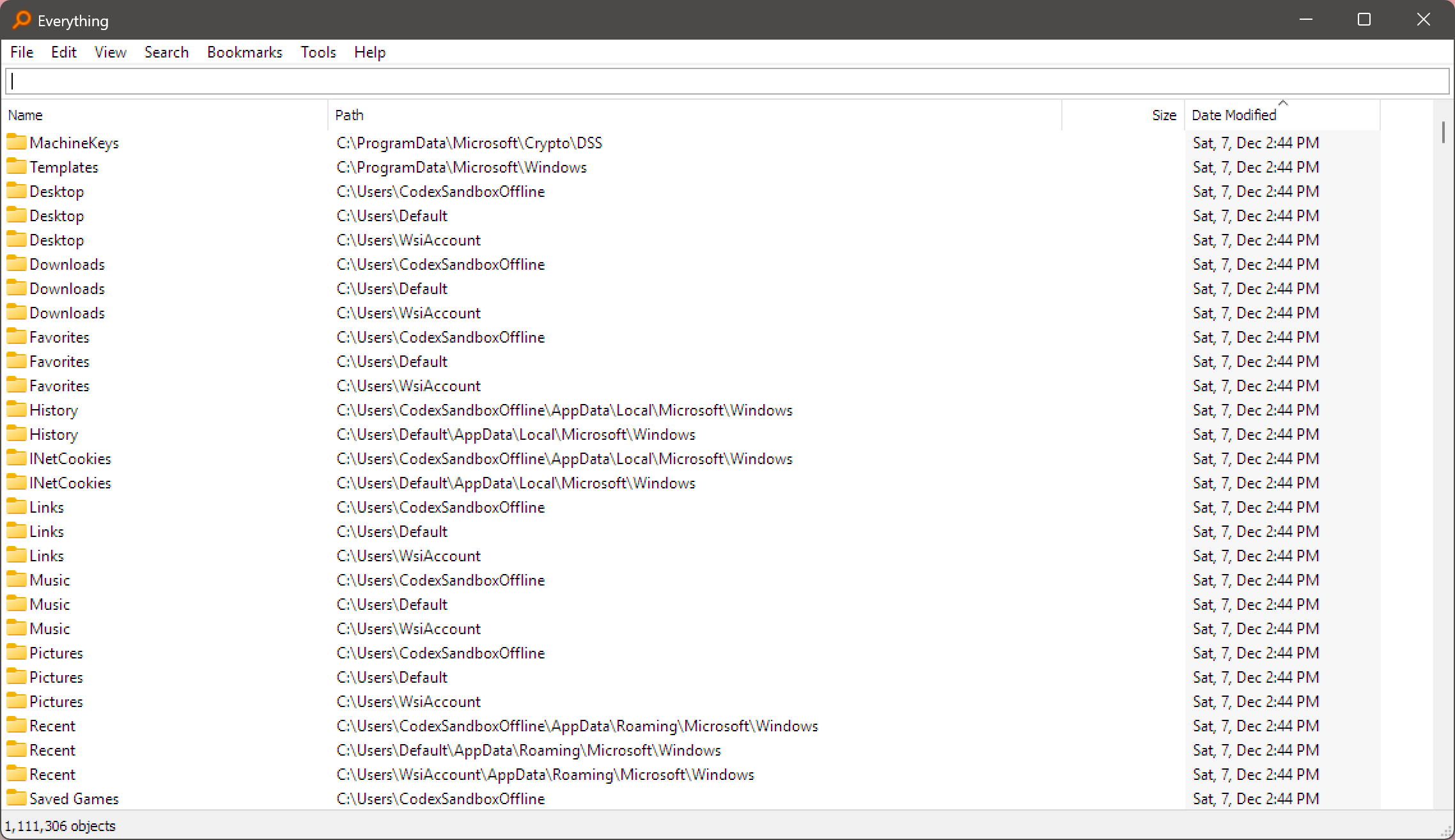 Everything search tool showing an empty search with over 1.1 million indexed files and folders listed by path.