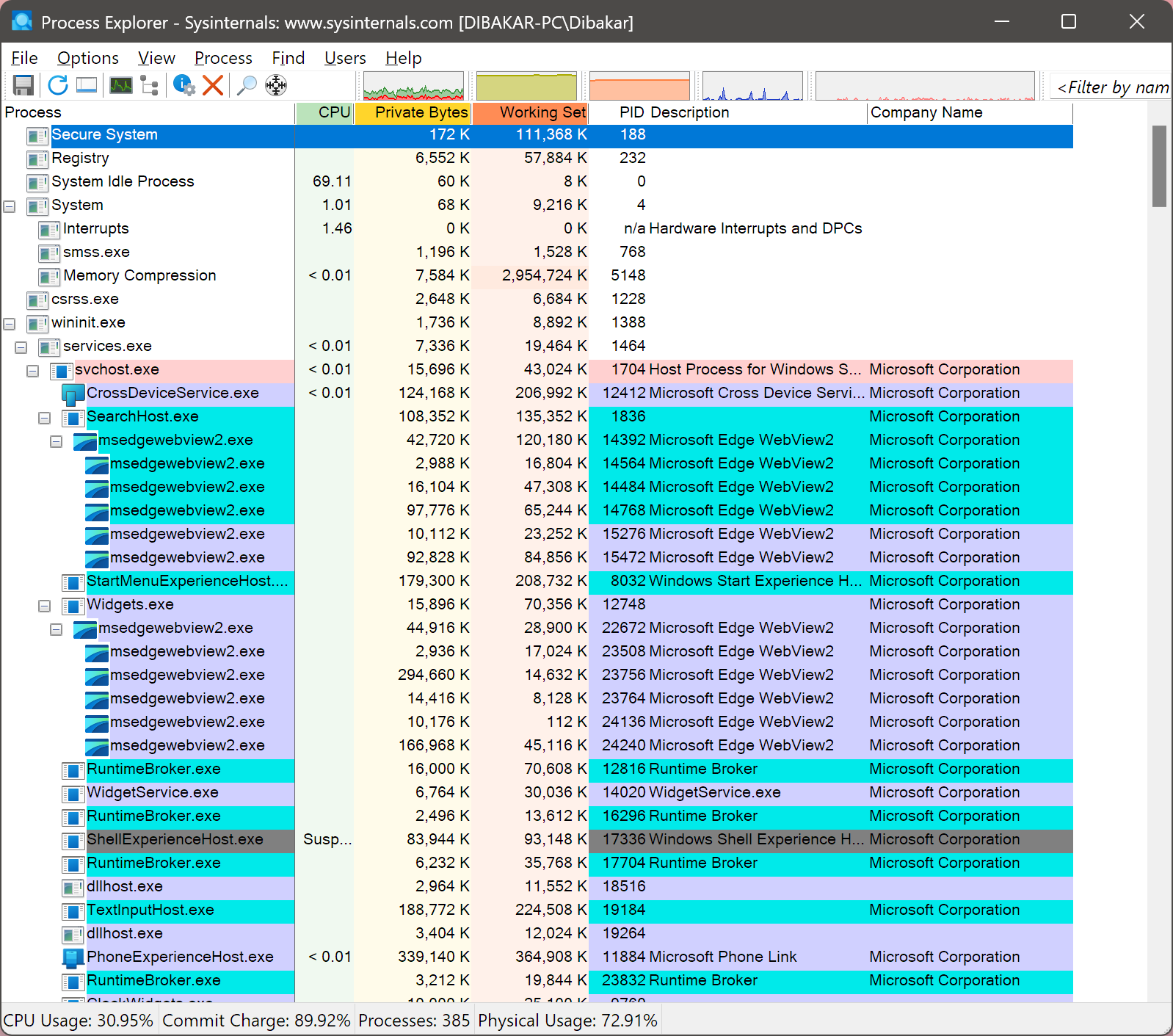 Sysinternals Process Explorer tree view showing CPU, private bytes, and working set for running processes like svchost and RuntimeBroker.