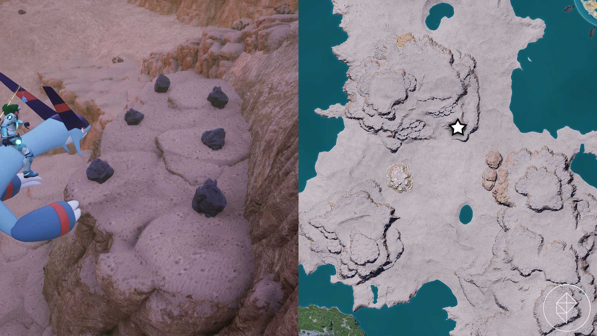 A montage with two Palworld screenshots showing where players can find coal nodes